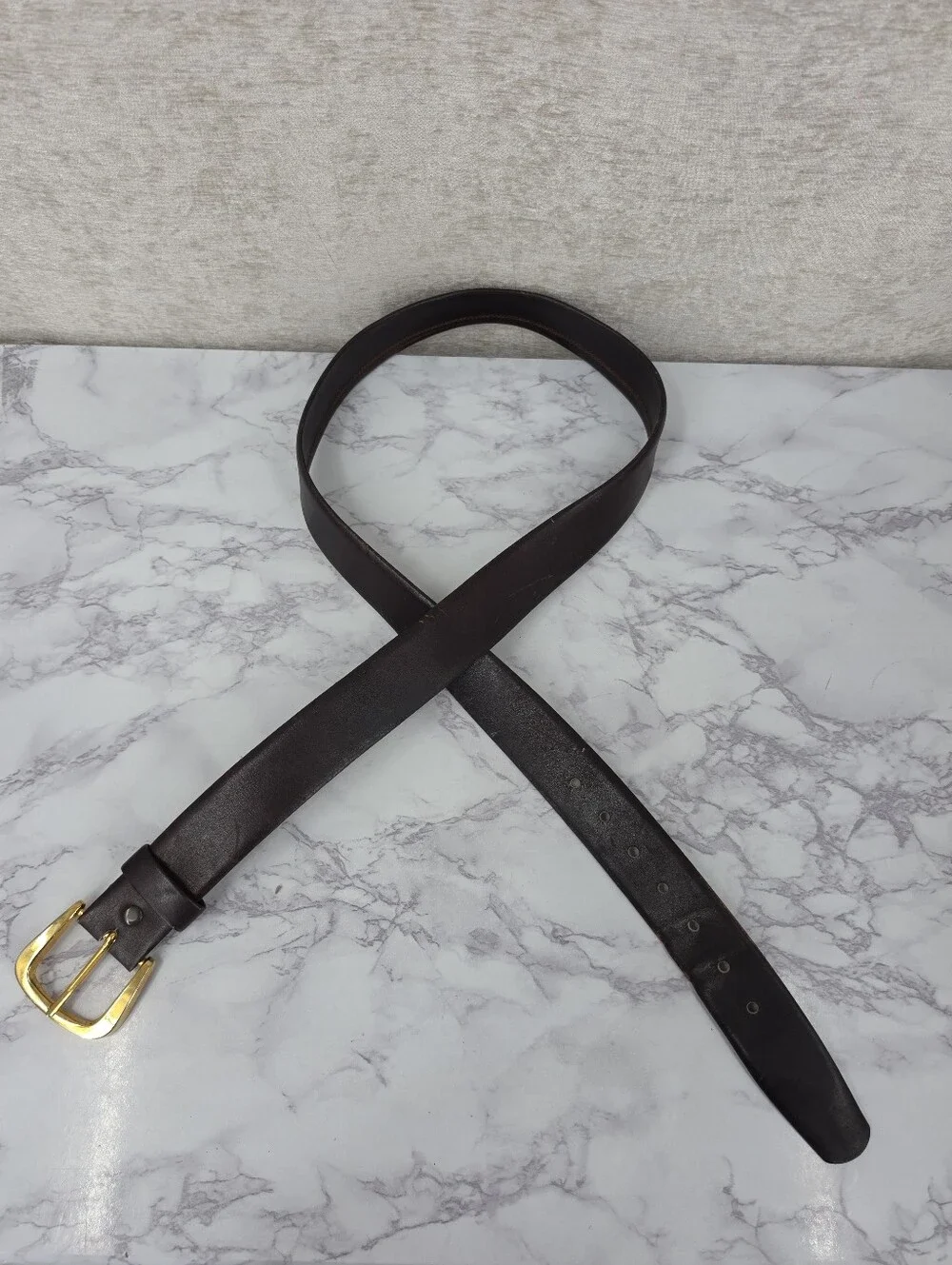 Vintage Men's Dark Brown Leather Belt with Gold Tone Buckle Full Grain Cowhide